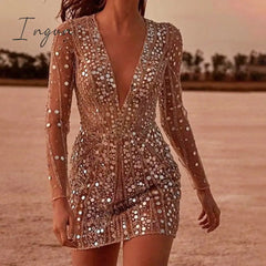 Ingvn - Sequined Mini Dress Deep V Neck Luxury Shiny Long Sleeve Women Sexy Elegant Party Clubwear Evening Bodycon Dress For Women Robe
