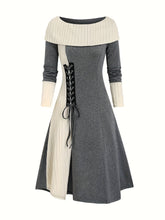 Elegant Vintage Color Block Knit Dress - Easy Care & Comfort Fit for Fall/Spring Elegance, Women’s Fashion