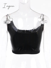 Ingvn - Gothic Summer PU Black Camis Women Punk Grunge Sleeveless Sexy Halter Crop Top Streetwear Aesthetic Hollow Out Camisole
