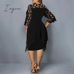 Ingvn - Plus Size Dresses 4XL 5XL 6XL Lace Mesh Sexy Elegant Midi Party Dress Red Black Green Purple Loose Hellow Women's Clothing