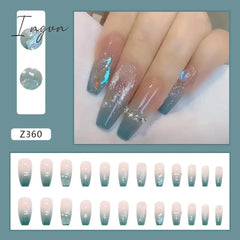24pcs/box Press On False Nails Blue Camellia Nail Art Wearable Fake Nails Long Ballerina With Wearing Tools