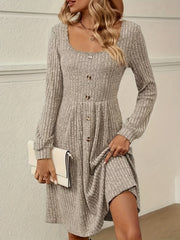 Elegant Square Neck A-Line Long Sleeve Dress - Women's Slim Fit Dresses for Spring & Fall - Chic, Comfortable, and Versatile Clothing for Ladies