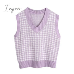 Ingvn - Fashion Women Knitted Vest Pullovers V Neck Sleeveless Houndstooth Knitted Jumper Pullovers Korean Loose Plaid Sweater Vest