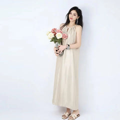 New Spring Summer Solid Sleeveless Dresses for Women Chiffon A-line Halter Loose Causal Party Holiday Long Lady Dress