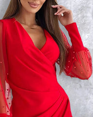 Beaded Mesh Long Sleeve Dress V-Neck Ruched Mini Cocktail Party Dress