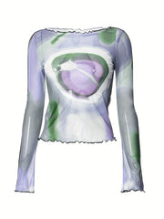 Off-Shoulder Sun & Moon Print T-Shirt with Ruffle Trim - 95% Polyester 5% Elastane Knit Fabric, Young Style Regular Length Top for Spring/Summer/Fall