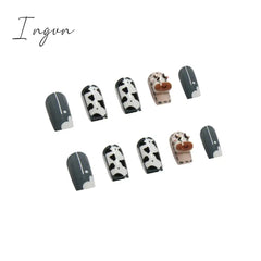 Cute Cow Fake Nails Art Nail Tips Press On False Set Full Cover Artificial Short Square Head