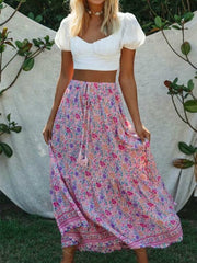 Vintage Chic Fashion Women Pink Floral Print Split Beach Bohemian Skirt High Elastic A-Line Boho Rayon Maxi Skirts Femme