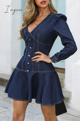 Ingvn - Casual Solid Patchwork V Neck Long Sleeve Dresses