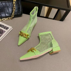 Women Ankle Boots Metal Chain Flat Mid Heeled Summer Sandals Boots Casual Slides Mules Shoes Back Zipper Green Fashion Boots