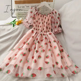 Ingvn - Strawberry Dress Women French Style Lace Chiffon Sweet Dress Casual Puff Sleeve Elegant Printed Kawaii Dress Women New