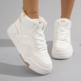 Trendy Women's High-Top Sneakers - Versatile White, Lace-Up Casual Shoes with Thick Sole, Breathable PU Cover & Comfort Fabric
