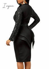 Ingvn - New arrival spring sexy lady 3 colors mid dress zipper fly ruffles bud dress full sleeve slivers office lady new dress