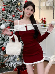 Kawaii Christmas Mini Dress Y2K Sweet Spaghetti Strap Slash Neck Birthday Party Dresses Vintage Bodycon Vestidos Female Outfits