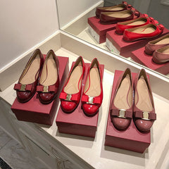Patent Leather Bow In A Thick Single-heel Women's Shallow Flat-soled High-heeled Red Wedding Shoes Spring Shoes