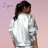Ingvn - Women O Neck Long Sleeve Metallic Silver Pullovers Coat Sexy Casual PU Sweatshirt 2023 Spring Fall Nightclub Fairy Grunge Clothes