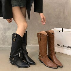 Ingvn Vintage Pointed Toe Women Western Cowgirl Boots Fashion Elegant Belt Buckle Shoes Square Heels Ladies Knight Long Shoes