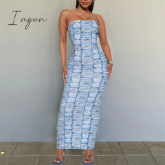 Ingvn - Women Print Off-shoulder Sleeveless Maxi Dress 2023 Summer Elegant Strapless Bodycon Cocktail Party Sundress Beach Streetwear