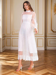 Contrast Lace Mock Neck Overlay Dress, Elegant Long Sleeve Sheer Midi Dress For Wedding Party, Women's Clothing