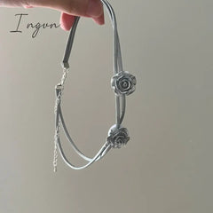 Korean Fashion Silver Color Rose Leather Double Layer Necklace for Women Girls Choker Clavicle Chain Aesthetic Jewelry New
