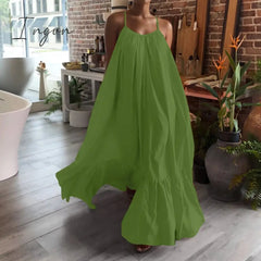 Ingvn - Summer Dress Women Sexy Short Sleeve Ruffled Maxi Long Dress Casual Loose Solid Pleated Beach Vestido Robe Plus Size