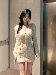 French Elegant Slim Knitted Dress Short Party One Piece Dress Korean Fashion Winter Sexy Bodycon Y2k Mini Dress Woman Chic