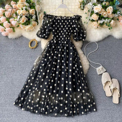 Ingvn - Embroidered Off-Shoulder Dresses Fairy Chic Gentle Dress Female New Style Sweet Daisy Printed Mesh Long Floral Dress Female