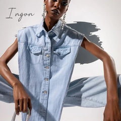 Ingvn - Side Hollow Out Denim Shoulder Length Vest Sexy Irregular Long Tops Shirt Collar Single-Breasted Trend Casual Streetwear