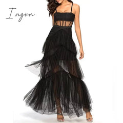 Ingvn - Womens Fashion Summer Sling Long Lace Dress Women Hollow Stitching Sexy Bubble Dress Backless Sleeveless Plus Size White Party Elegant Clothes