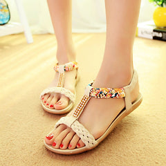 Women Sandals Summer Flat Heel Bohemian Sandals Rhinestone Mixed Color Ladies Elastic Band Open Toes Beach Shoes