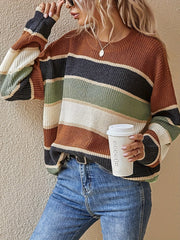 1pc Acrylic Elegant Women's Color Block Striped Pullover Sweater - Crew Neck, Long Sleeve, Regular Fit, Non-Stretch, Fall/Winter Fashion Top