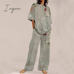 Ingvn - Women's Loungewear Sets Nighty 2 Pieces Flower Comfort Sweet Home Daily Polyester Crew Neck Half Sleeve Spring Summer Green