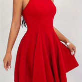 Solid Halter Neck Waist Swing Dress, Elegant Sleeveless Slim Dress, Women's Clothing