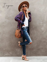 Ingvn - Fitshinling Bohemian Plaid Cardigans Women Vintage Long Coat Female Jacket Knitwear Winter Slim Sweater Cardigan Pockets