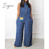 Ingvn - Women Elegant Fashion Denim Look Print Pocket Wide Leg Pants Jumpsuit Women Casual Loose Romper Overalls Onepieces Streetwear