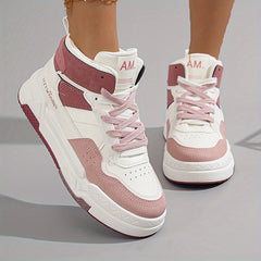 Trendy Women's High-Top Sneakers - Versatile White, Lace-Up Casual Shoes with Thick Sole, Breathable PU Cover & Comfort Fabric