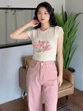 Ingvn - 2023 Autumn Floral T-shirts Casual O-Neck Slim Y2k Crop Tops Women Short Sleeve Sexy Knitted Blouse Female Tees Fashion Tshirts
