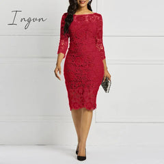 Ingvn - Women Midi Dress Hot Sale Elegant Sexy OL Bodycon Floral Hollow Lace Female Fashion Evening Party Chic Sheath Ladies Dresses
