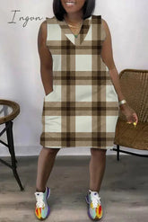 Ingvn - Light Coffee Casual Print Patchwork V Neck Sleeveless Dress Dresses