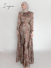 Ingvn - New Morocco Long Dress Muslim Women Flowers Printed Silky Long Abayas Robes Fancy Maxi Dress French Stylish Islamic Dress Belt