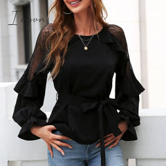 Ingvn - Round Neck Front Tie Flounce Sleeve Lace Cap Blouse