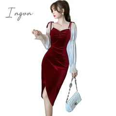 Ingvn - New Red Gold Velvet Dress Foreign Style Autumn and Winter Temperament Bubble Sleeves Hepburn Wind Little Red Dress New Years Eve Outfits Women