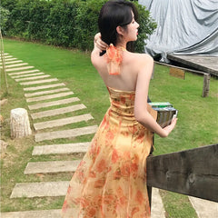 Women Midi Floral Halter Slip Dress Summer Vintage Painting Flowers Backless Casual Party Night Vacation Runway Vestidos
