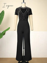 Ingvn - Jumpsuit for Women Sexy See Through Net Beaded High Collar Short Sleeve Wide Leg One Piece Rompers Cocktail Party Club Wear