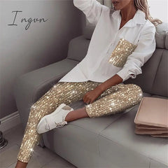 Ingvn - Women Fashion Sequin Two Piece Set Long Sleeve Womens Tops And Blouses Femme Two Piece Outfits Elastic Waist Long Pants Sets