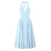 New Elegant Blue Halter Midi Long Dress Women Sexy Backless Deep V Neck Low Waist A-line Summer Dresses Party Robe