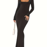 Bodycon Maxi Dresses Long Sleeve Wedding Guest Long Dress Casual Rib Knit Scoop Neck Fall Dress