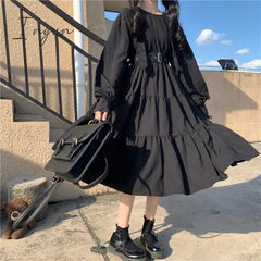 Ingvn - Gothic Style Dress Women Harajuku Gothic Lolita Kawaii Dress Punk Cute Long Sleeve Black Midi Dress Emo Mall Goth