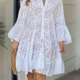 Elegant V Neck Hollow Ruffle Hem Flared Sleeve Dress, Women's Solid Wedding Clothing