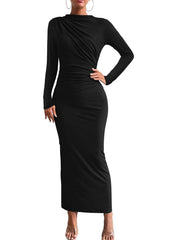 S-2XL Fashion Autumn Women's Slim Fit Long Dress, Long Sleeved Slit Pleated Dress, Elegant Party Wedding Dress
